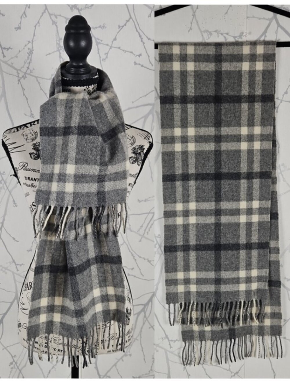Talbots Gray Plaid Checks 100% Wool Fringe Scarf